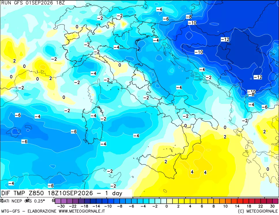 mappa Dif. Temp a 850 hPa Valid - 1 day