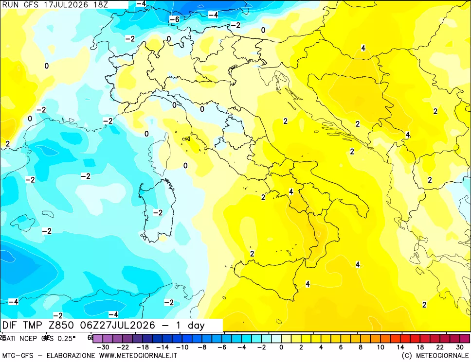 mappa Dif. Temp a 850 hPa Valid - 1 day