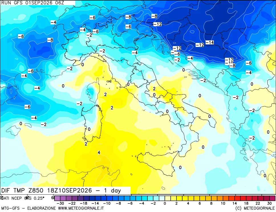 mappa Dif. Temp a 850 hPa Valid - 1 day