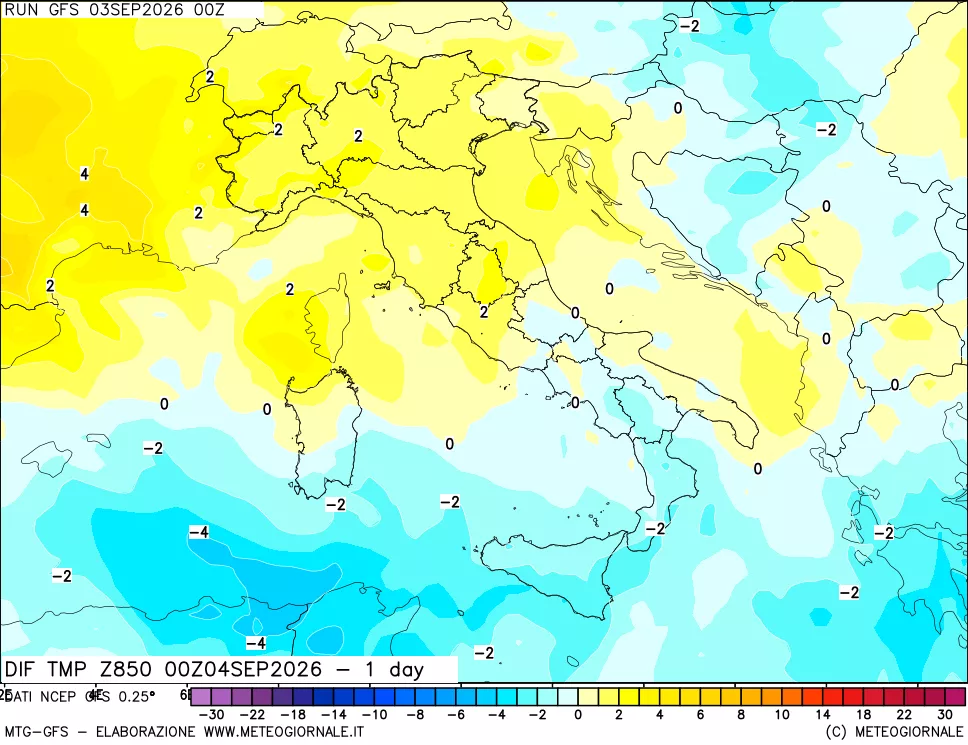 mappa Dif. Temp a 850 hPa Valid - 1 day