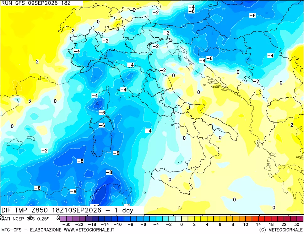 mappa 850 hPA Dif. Temp -24 ore