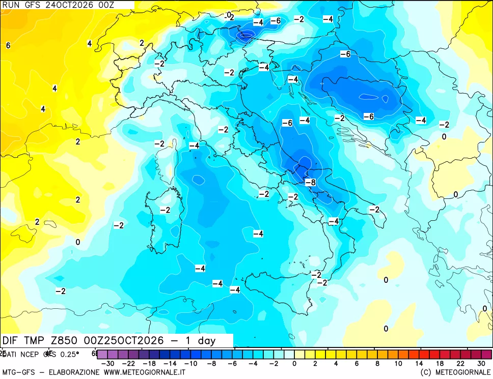 mappa 850 hPA Dif. Temp -24 ore