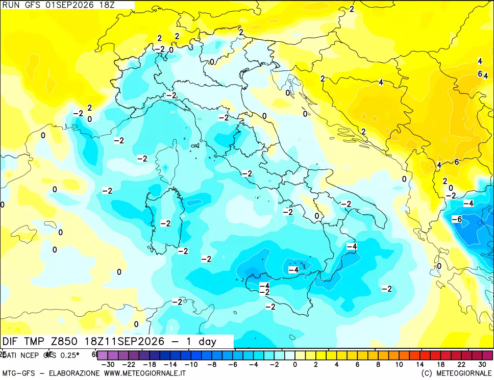 mappa Dif. Temp a 850 hPa Valid - 1 day