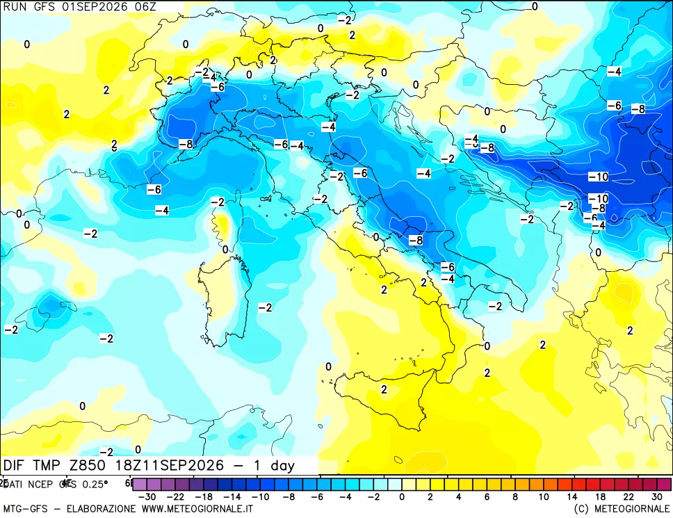mappa Dif. Temp a 850 hPa Valid - 1 day
