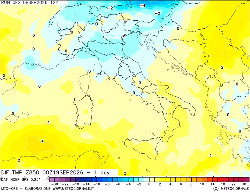 mappa Dif. Temp a 850 hPa Valid - 1 day