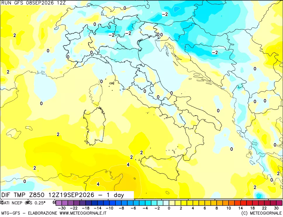 mappa Dif. Temp a 850 hPa Valid - 1 day