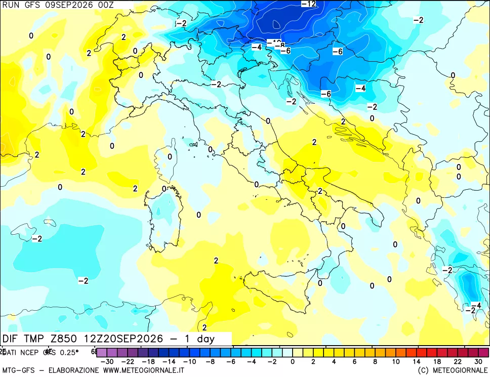 mappa Dif. Temp a 850 hPa Valid - 1 day