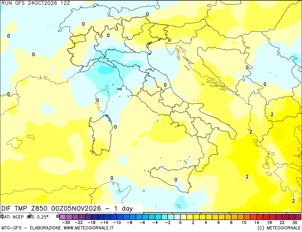mappa Dif. Temp a 850 hPa Valid - 1 day