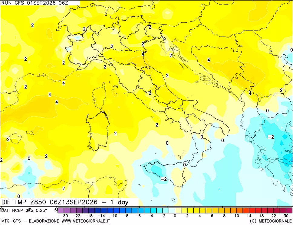 mappa Dif. Temp a 850 hPa Valid - 1 day