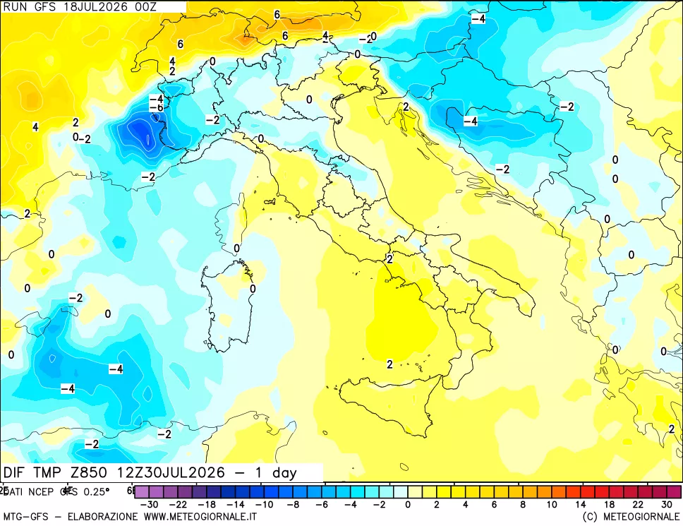 mappa Dif. Temp a 850 hPa Valid - 1 day