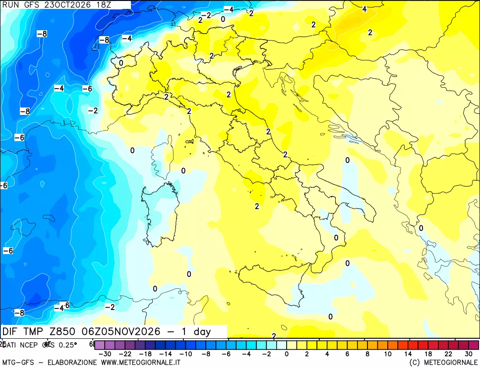mappa Dif. Temp a 850 hPa Valid - 1 day
