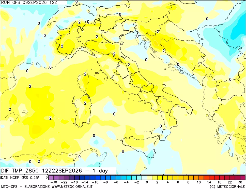 mappa Dif. Temp a 850 hPa Valid - 1 day