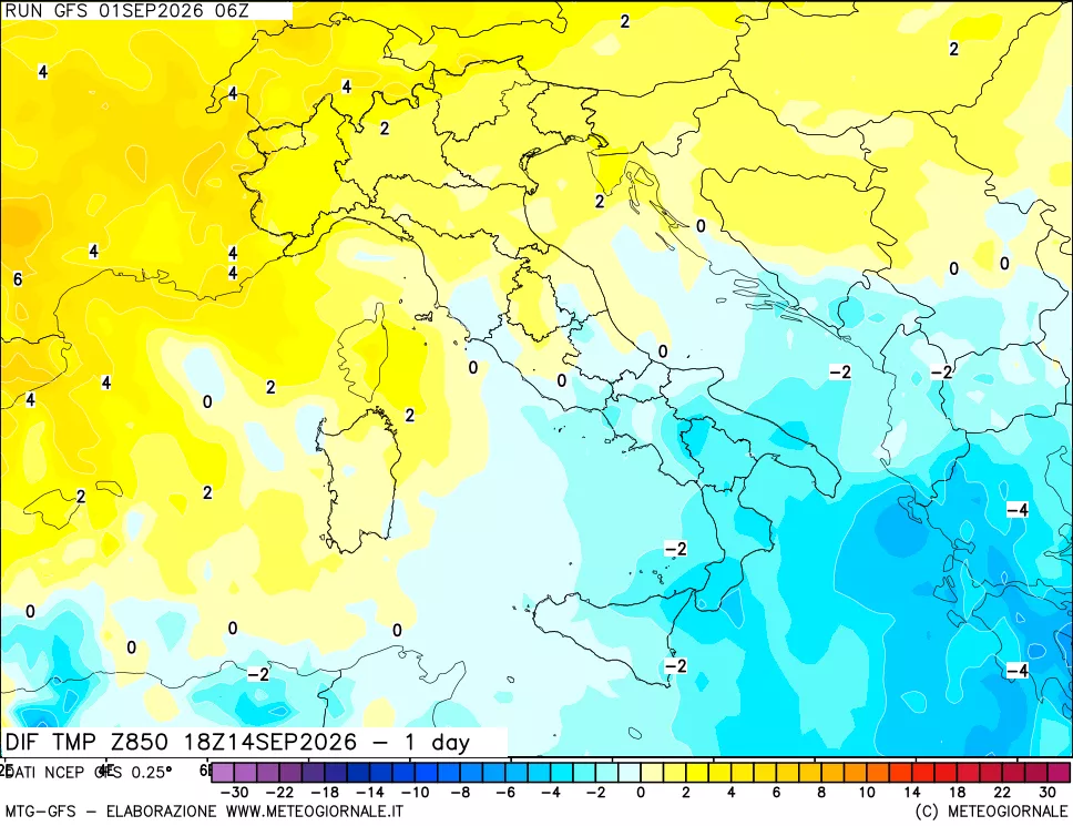 mappa Dif. Temp a 850 hPa Valid - 1 day