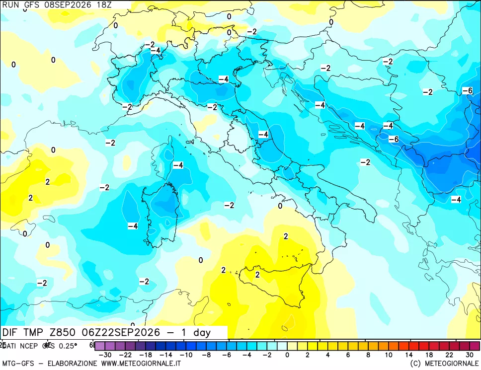 mappa Dif. Temp a 850 hPa Valid - 1 day