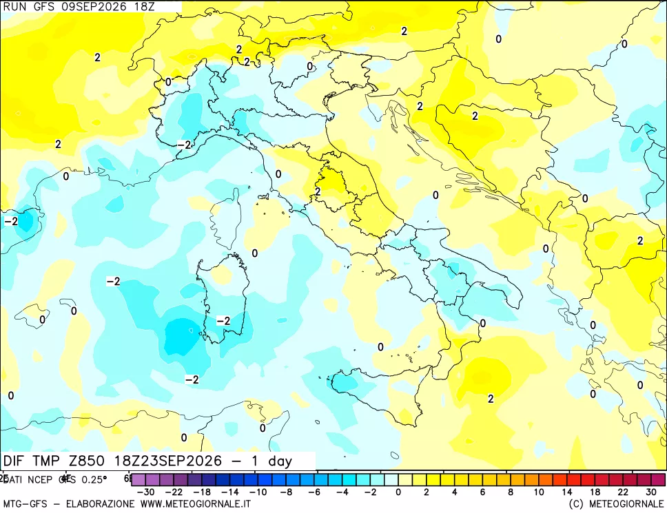 mappa Dif. Temp a 850 hPa Valid - 1 day