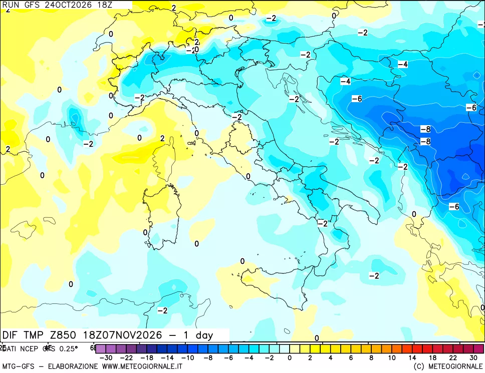 mappa Dif. Temp a 850 hPa Valid - 1 day