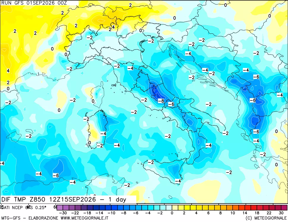 mappa Dif. Temp a 850 hPa Valid - 1 day