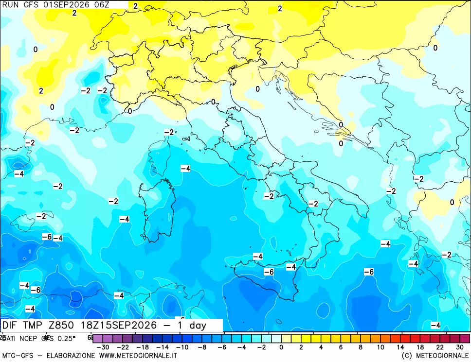 mappa Dif. Temp a 850 hPa Valid - 1 day