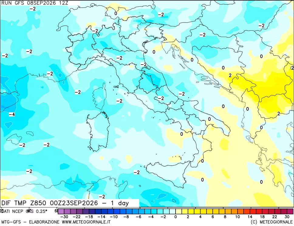 mappa Dif. Temp a 850 hPa Valid - 1 day
