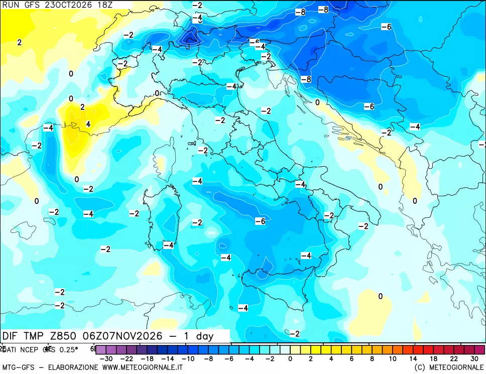 mappa 850 hPA Dif. Temp -24 ore