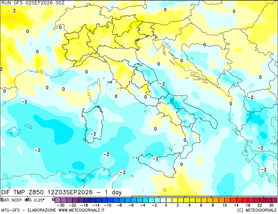 mappa 850 hPA Dif. Temp -24 ore