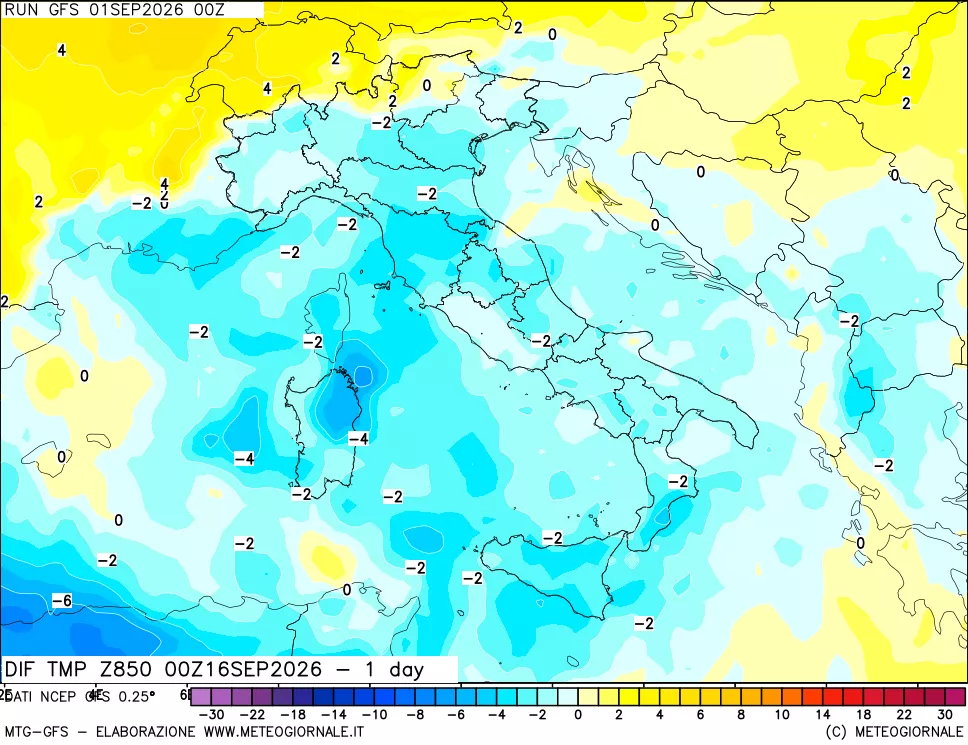 mappa Dif. Temp a 850 hPa Valid - 1 day