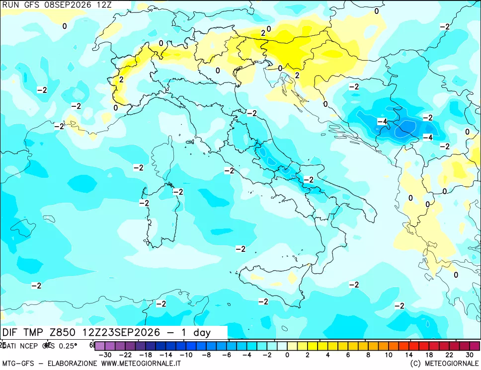 mappa Dif. Temp a 850 hPa Valid - 1 day