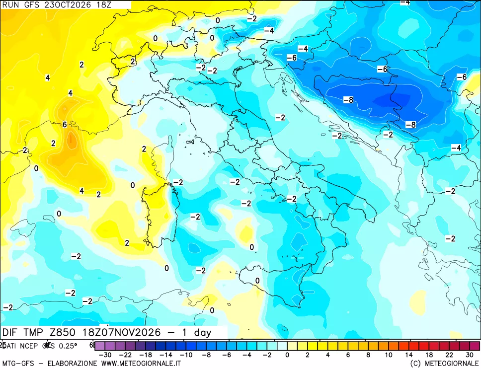 mappa 850 hPA Dif. Temp -24 ore