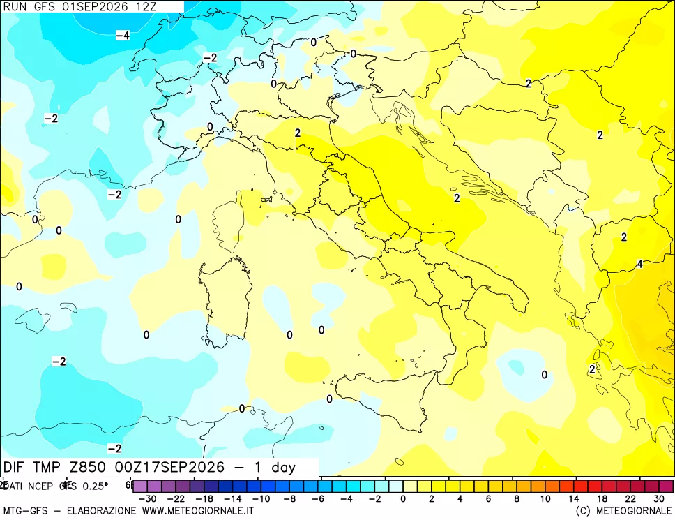 mappa Dif. Temp a 850 hPa Valid - 1 day