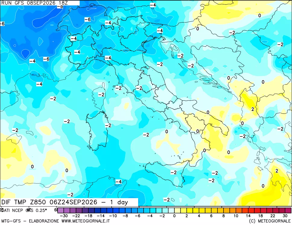 mappa Dif. Temp a 850 hPa Valid - 1 day