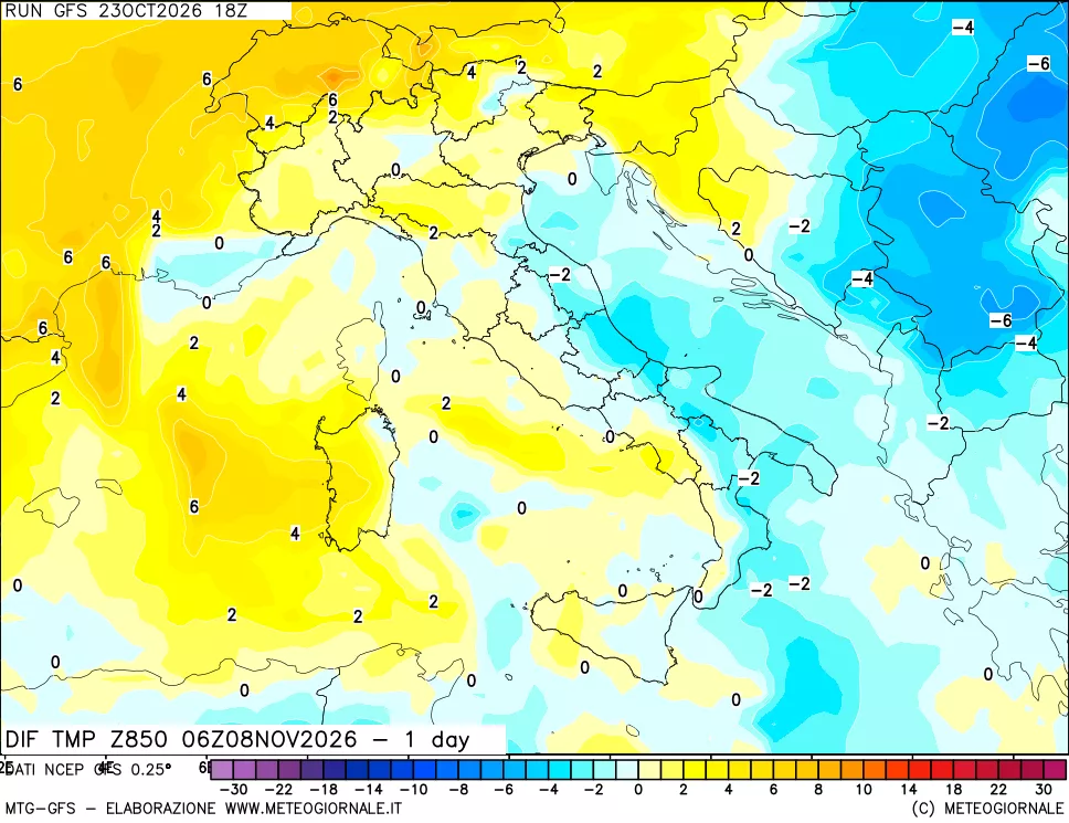 mappa 850 hPA Dif. Temp -24 ore