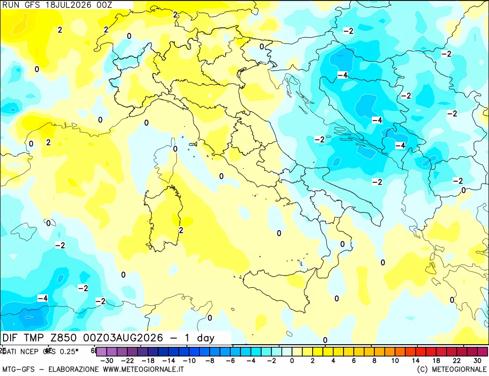 mappa Dif. Temp a 850 hPa Valid - 1 day