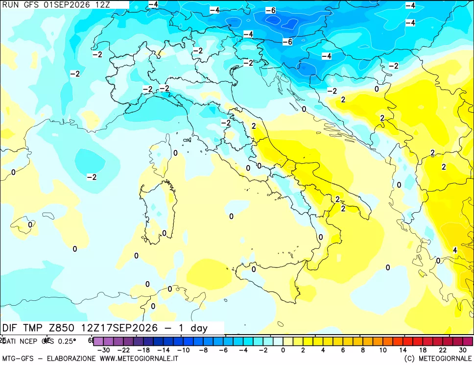 mappa 850 hPA Dif. Temp -24 ore