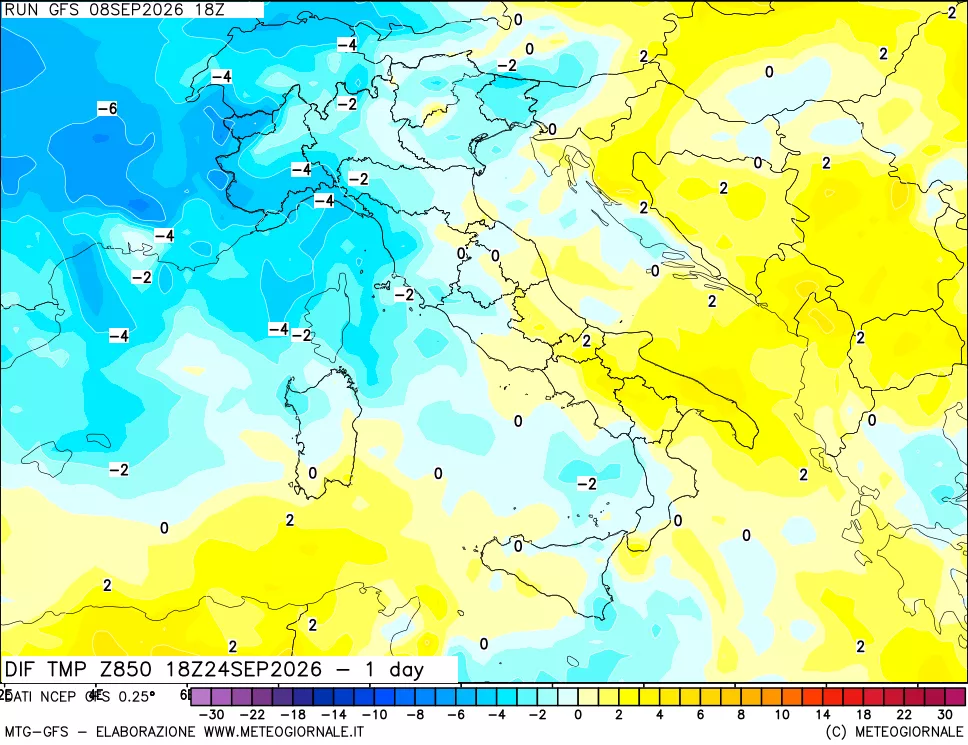 mappa Dif. Temp a 850 hPa Valid - 1 day