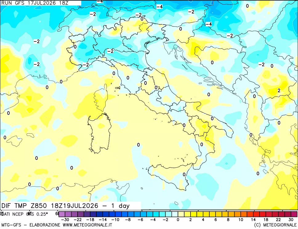 mappa Dif. Temp a 850 hPa Valid - 1 day