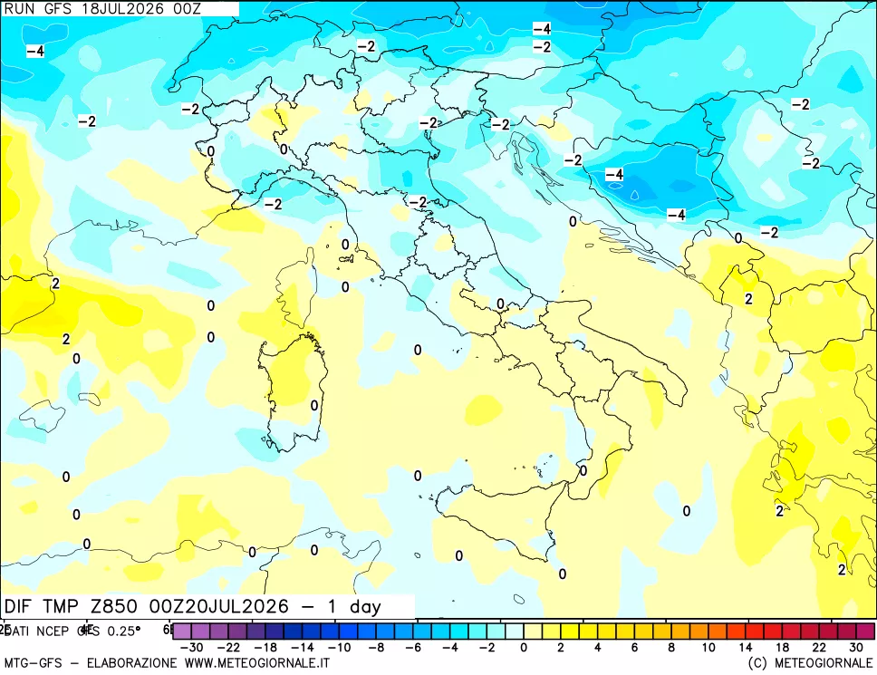 mappa Dif. Temp a 850 hPa Valid - 1 day