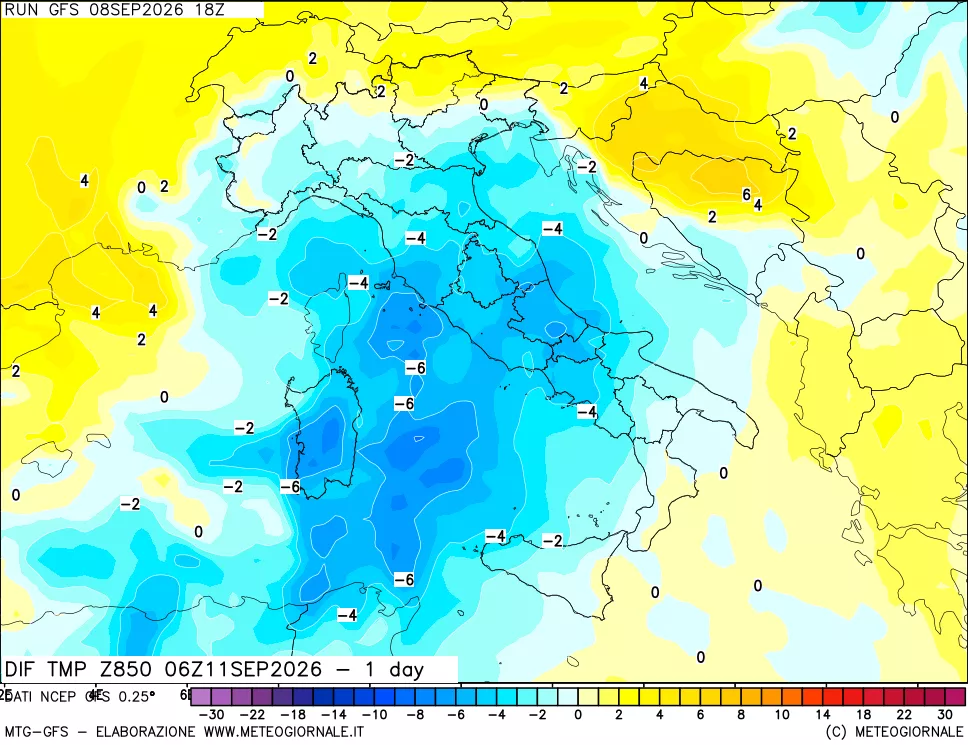 mappa Dif. Temp a 850 hPa Valid - 1 day