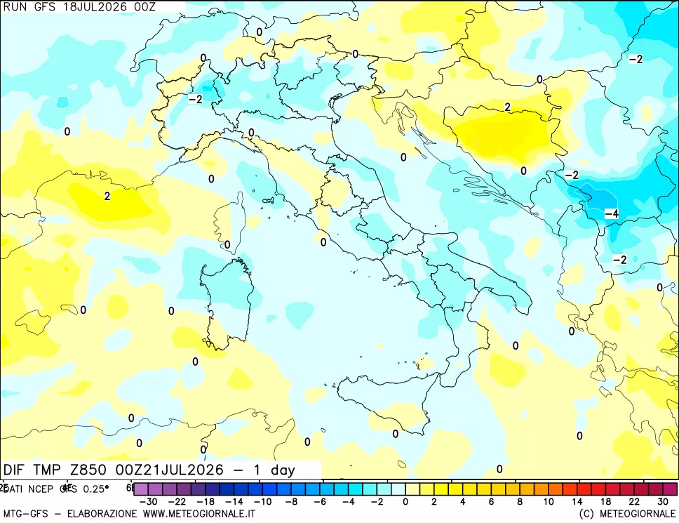 mappa Dif. Temp a 850 hPa Valid - 1 day