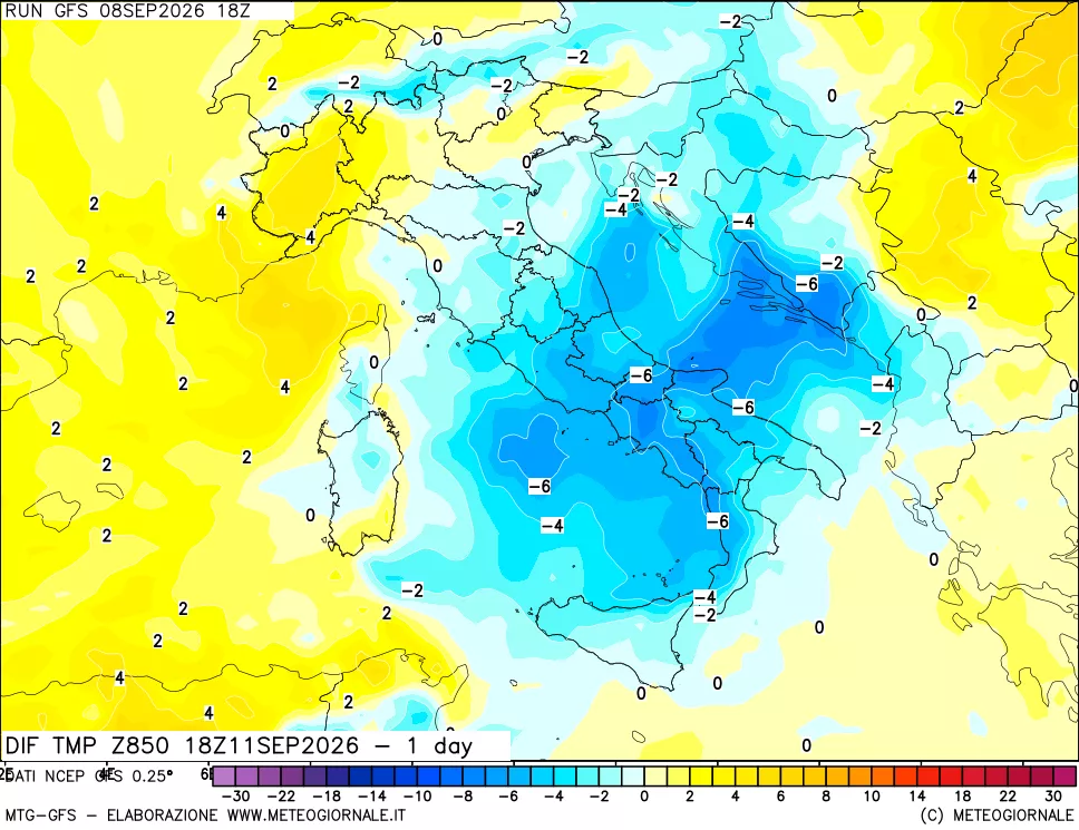 mappa Dif. Temp a 850 hPa Valid - 1 day
