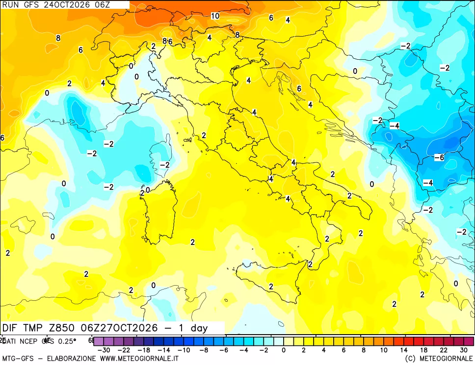 mappa Dif. Temp a 850 hPa Valid - 1 day