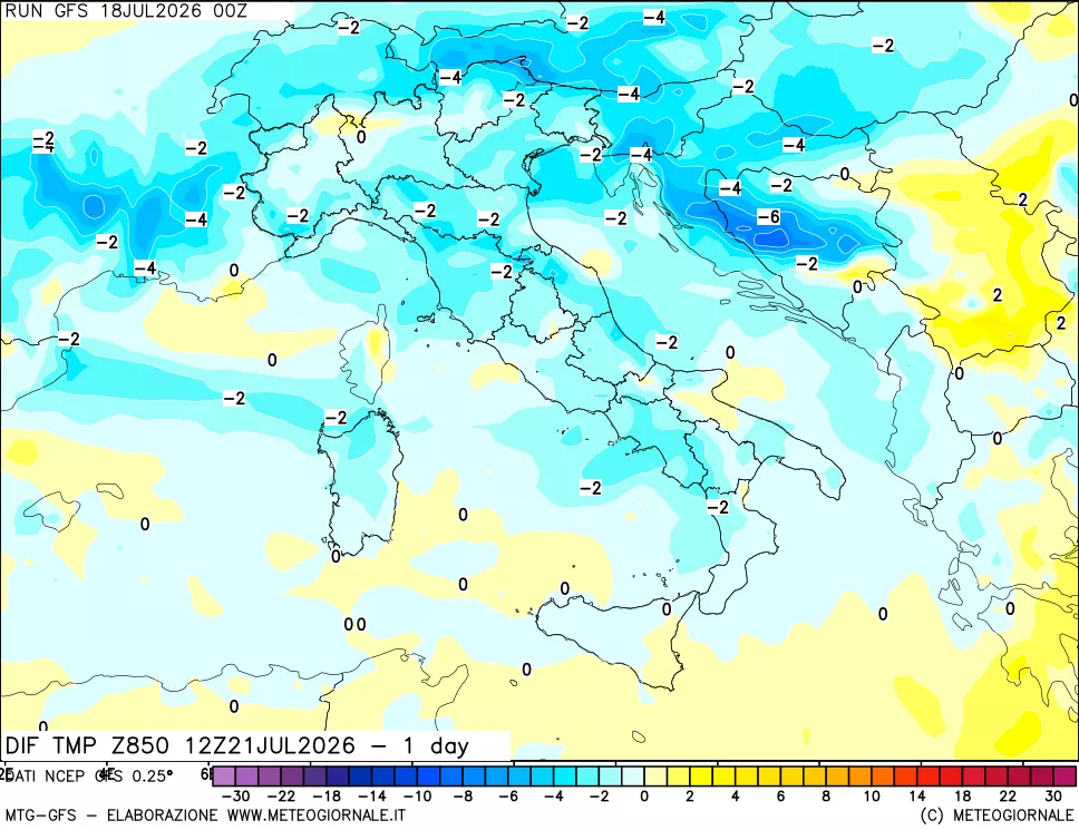 mappa Dif. Temp a 850 hPa Valid - 1 day