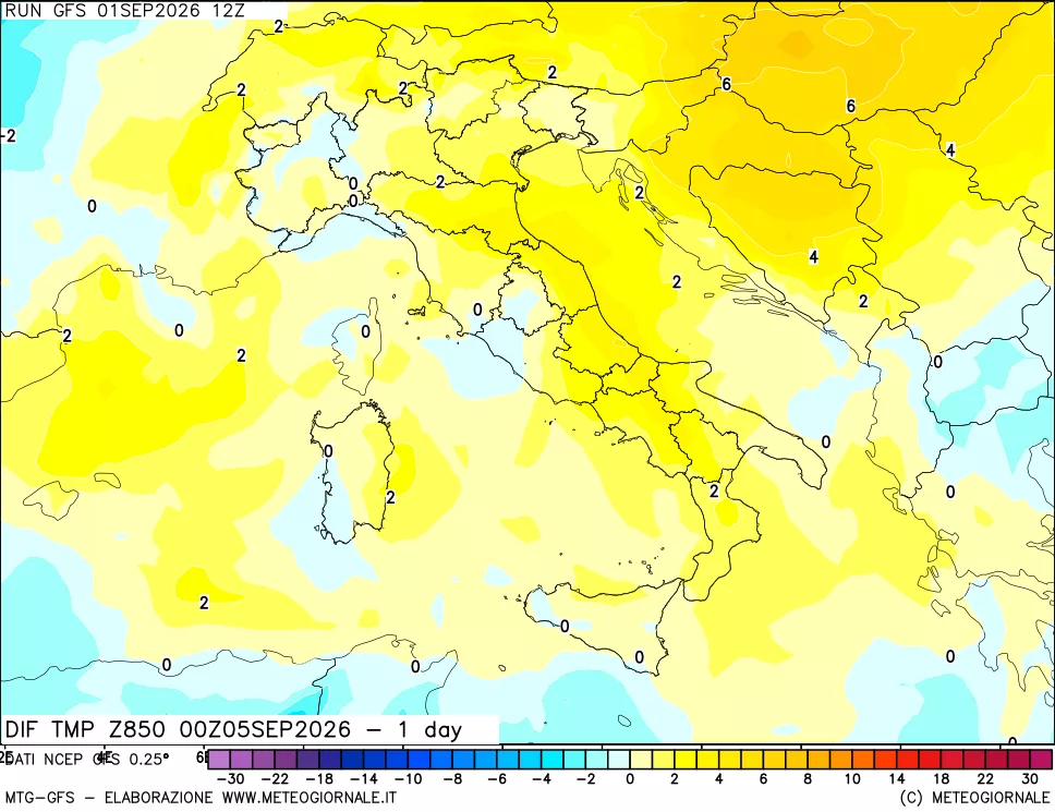 mappa Dif. Temp a 850 hPa Valid - 1 day