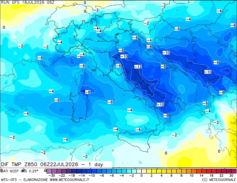mappa 850 hPA Dif. Temp -24 ore