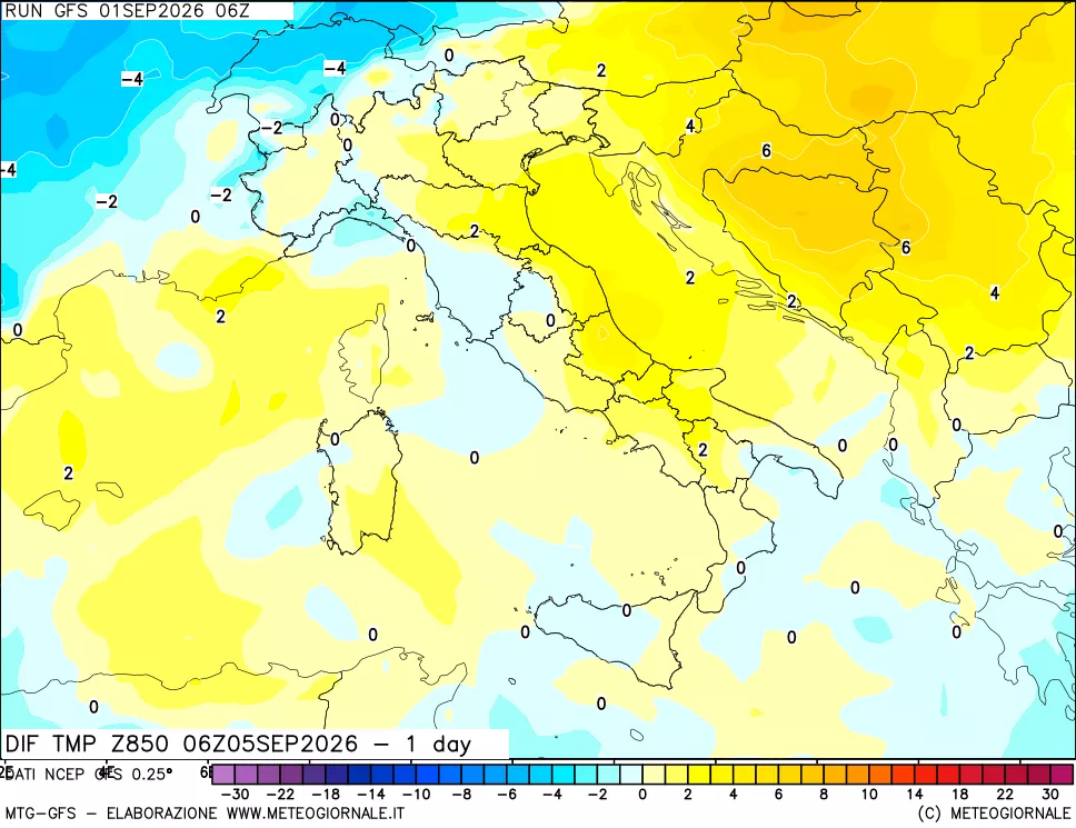 mappa Dif. Temp a 850 hPa Valid - 1 day