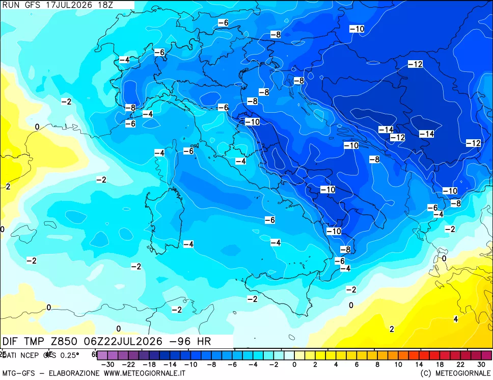 mappa Dif. Temp a 850 hPa Valid - Init