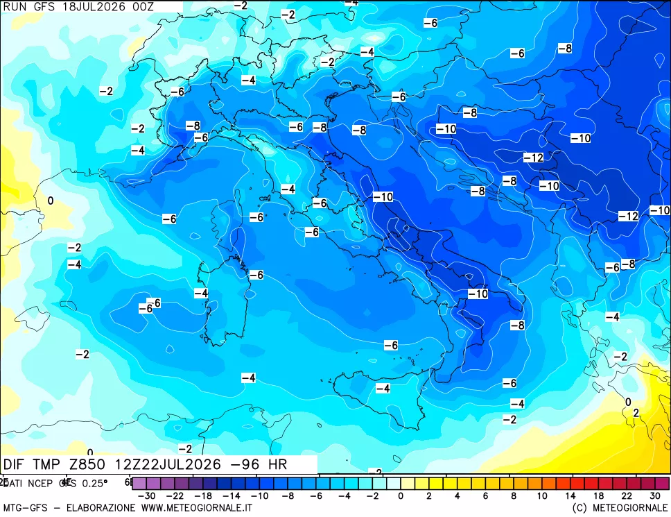 mappa Dif. Temp a 850 hPa Valid - Init
