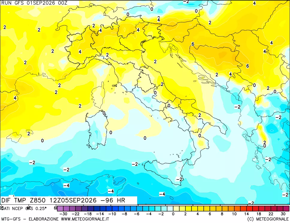 mappa Dif. Temp a 850 hPa Valid - Init