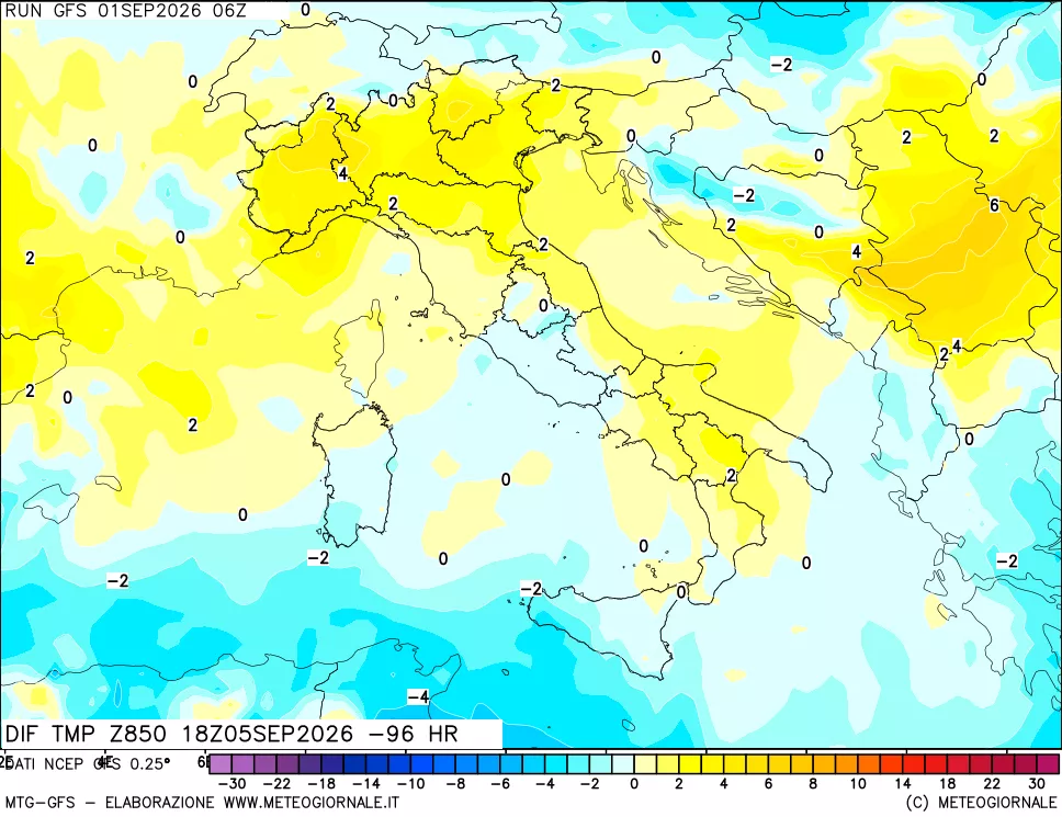 mappa Dif. Temp a 850 hPa Valid - Init