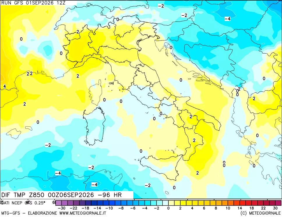 mappa Dif. Temp a 850 hPa Valid - Init