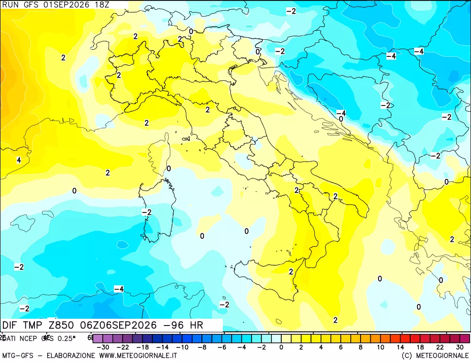 mappa Dif. Temp a 850 hPa Valid - Init